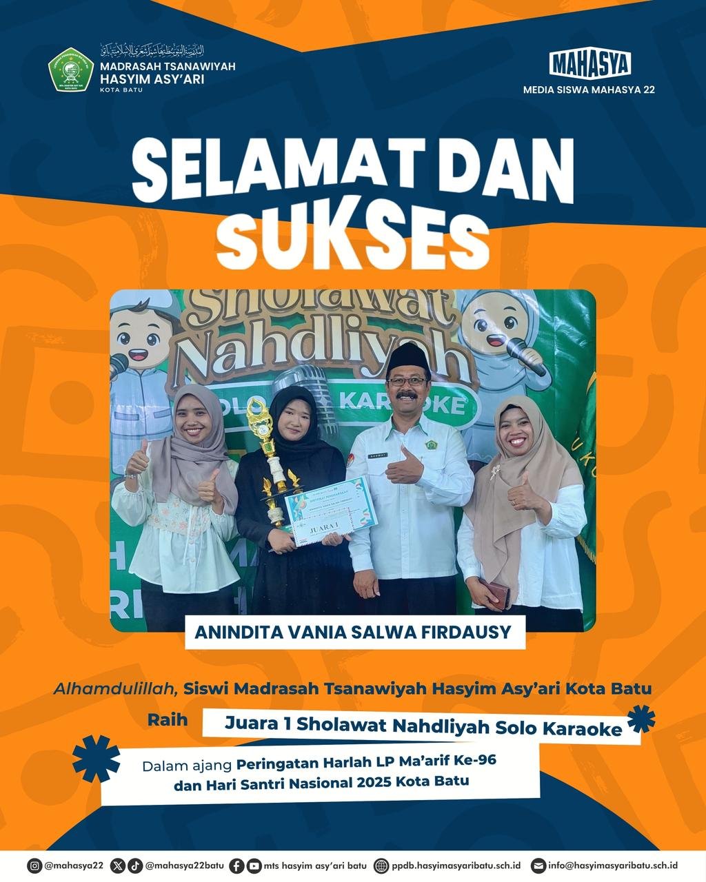 Siswi MTs Hasyim Asy’ari Batu Raih Juara 1 Lomba Sholawat Nadliyah Solo Karaoke Tingkat Kota Batu